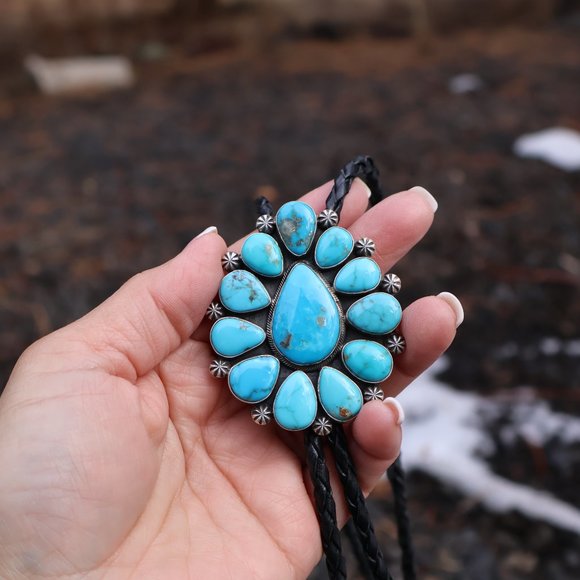 Native Americans Jewelry Navajo Bolo Tie Cluster Turquoise Handmade Jewelry*** - Picture 7 of 8